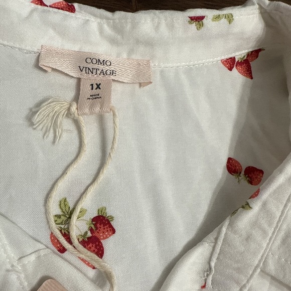 Como Vintage Womens Plus Size 1X Strawberries Button-Up Shirt L/S Roll Tab NWT - Picture 2 of 6